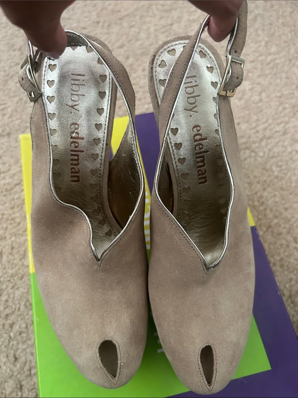 libby. edelman Taupe Suede Peep-Toe Slingback Heels